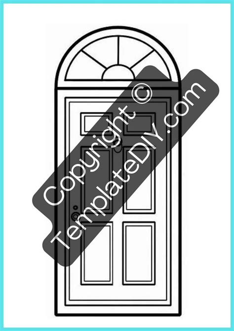 a black and white drawing of a door with an arched glass on the front side