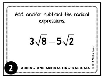 Adding and Subtracting Radical Expressions Task Cards by Algebra Corner