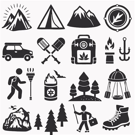 Black and white illustration of camping icons including mountains tents ...