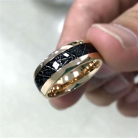 8mm Rose Gold Dome Tungsten Carbide Ring Inlaid with Black Meteorite