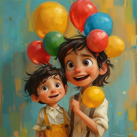 Premium Photo | A painting of a boy and a girl with balloons and a boy ...