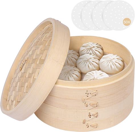 Bamboo Steamer Basket, 10 Inch Dumpling Steamer Bamboo, Two Tier ...