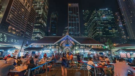 4K Timelapse Sequence of Singapore, Singapore - The Downtown outdoor food court at Night (front ...