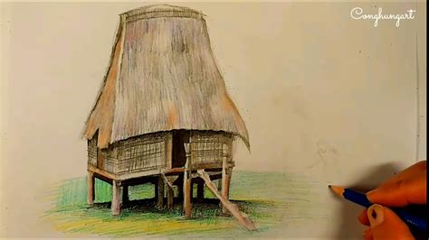 Drawing the communal house in the Central Highlands. (Vẽ nhà rông Tây ...