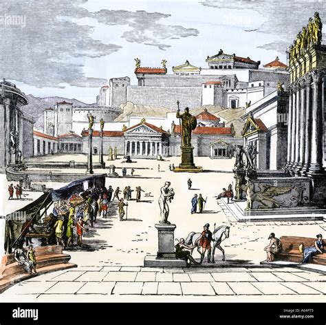 Market place of ancient Greek city-state of Sparta. Hand-colored ...