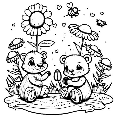 Teddy Bear Friends Coloring Page Happy Bees and Flowers · Creative Fabrica