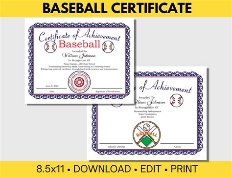 Baseball Certificate Template for Baseball Awards, Editable Baseball ...