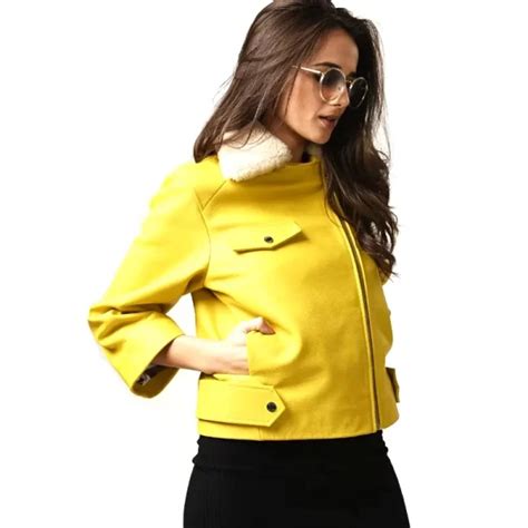 Women Yellow Leather Shearling Coat – Jackets Galaxy