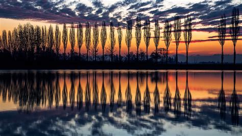 nature, Landscape, Trees, Clouds, Italy, Silhouette, Sunset, Water, Reflection, Symmetry, Branch ...