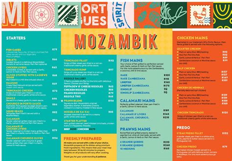 Menu at Mozambik Morningside restaurant, Durban, 362 Lilian Ngoyi Rd