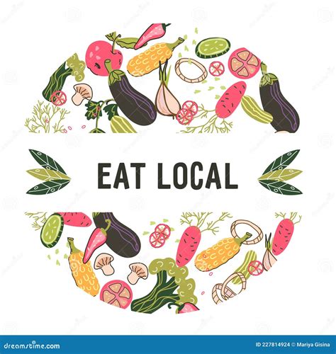 Eat Local Emblem or Label with Fresh Vegetables, Flat Cartoon Vector ...