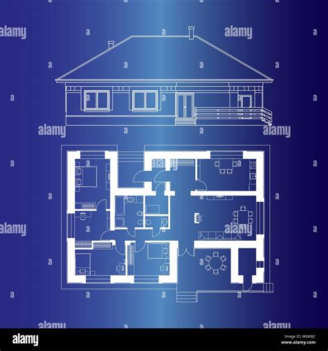 Architectural project of a house. Drawing of the facade and floor plan of the cottage. Vector ...