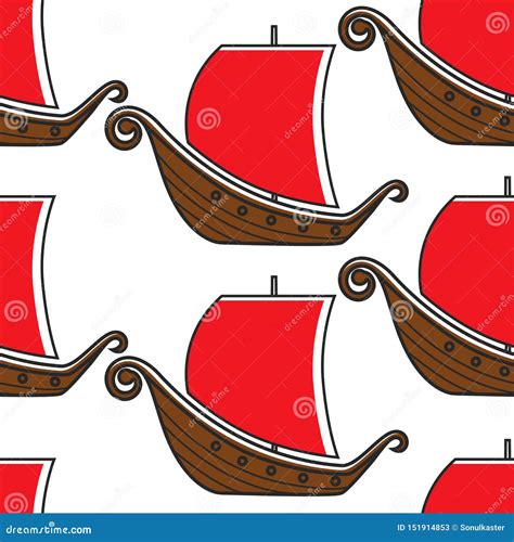 Norwegian Ancient Warship Vikings Sailboat Seamless Pattern Stock Vector - Illustration of ...