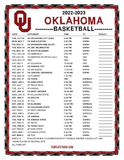 Printable 2022-2023 Oklahoma Sooners Basketball Schedule