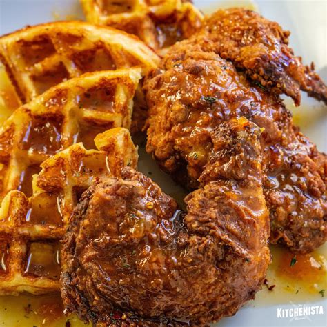 Buttermilk Fried Chicken & Waffles with Sweet & Spicy Peach Syrup | Chicken and waffles, Fried ...