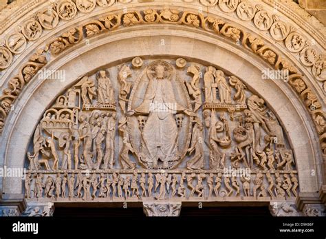 Last Judgement Tympanum by Gislebertus circa 1130 AD in west façade of Autun Cathedral France ...