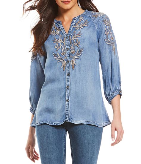 Reba Embroidered Chambray Shirt #Dillards | Embroidered chambray shirt, Clothes for women, Clothes