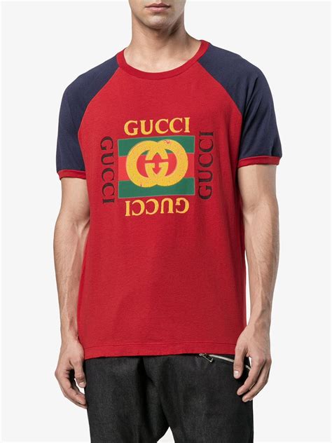 Lyst - Gucci Fake Print Logo T-shirt With Contrasting Sleeves in Red for Men