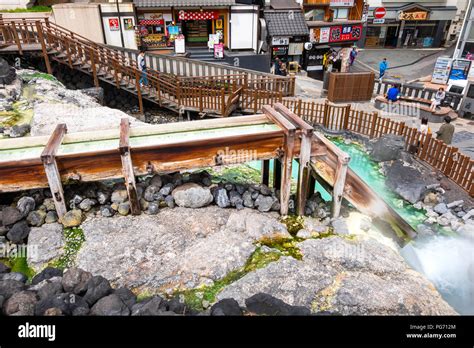 Yubatake Hotspring at Kusatsu Onsen in Gunma ,Japan GUNMA, JAPAN - APRIL 27 2018: Kusatsu Onsen ...