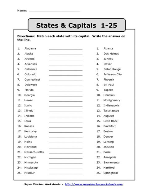 Us State Capitals Quiz Printable