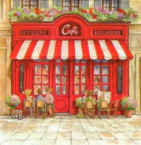 a painting of people sitting at an outdoor cafe in paris, with red and white awnings