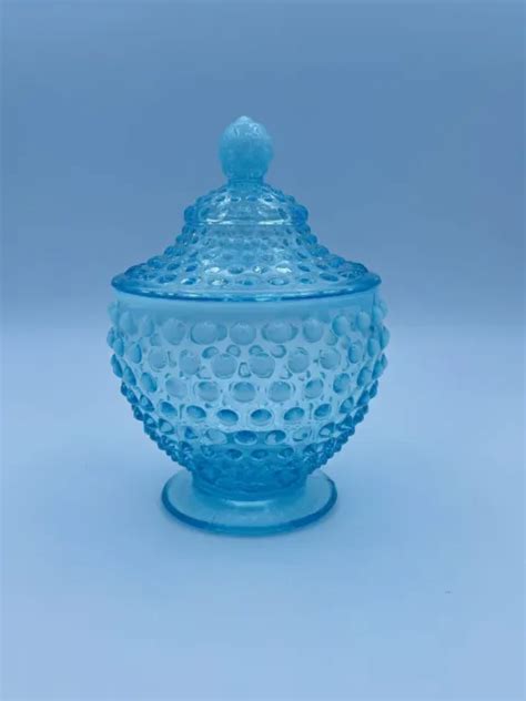 FENTON BLUE HOBNAIL Frosted Opalescent Glass Jar with Lid Candy Dish 6. ...