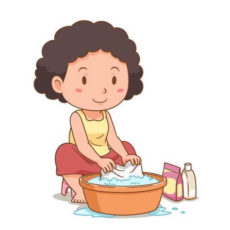 Cartoon character of woman washing clothes with a plastic basin ...