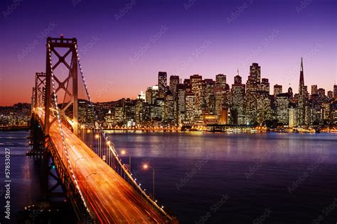 San Francisco skyline and Bay Bridge at sunset, California Stock Photo | Adobe Stock