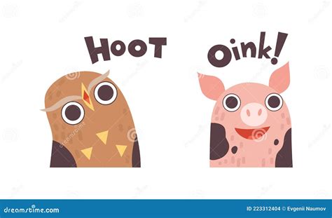 Cute Animals Making Sounds Set, Adorable Owl, Pig Saying Hoot and Oink Cartoon Vector ...