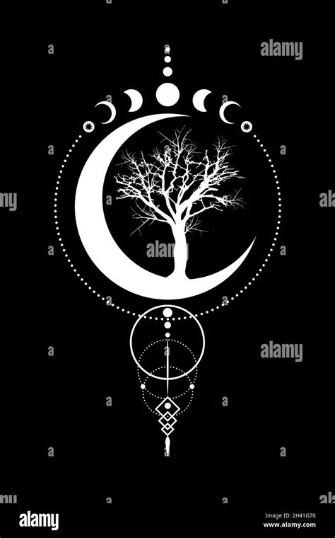 Mystical Moon Phases, tree of life, Sacred geometry. Triple moon, half ...