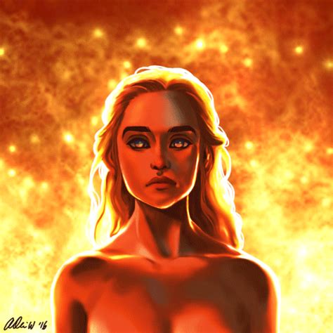a painting of a woman standing in front of a fire filled sky with bright yellow lights