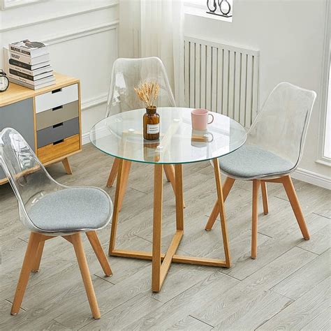 IPOTIUS Modern Glass Round Dining Table 80cm Kitchen Table for Small Spaces with Wood Legs ...