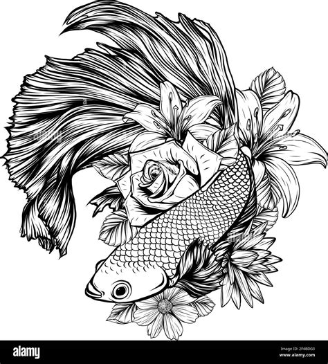 draw in black and white of fish betta splendens with flowers vector illustration Stock Vector ...