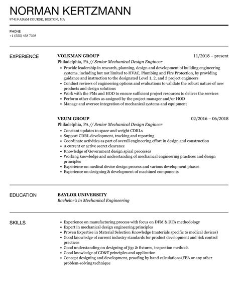 Senior Mechanical Design Engineer Resume Samples | Velvet Jobs