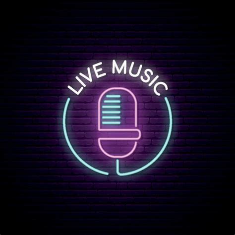 Microphone neon sign. Live music bright emblem. Light mic on the brick wall background. 2048928 ...