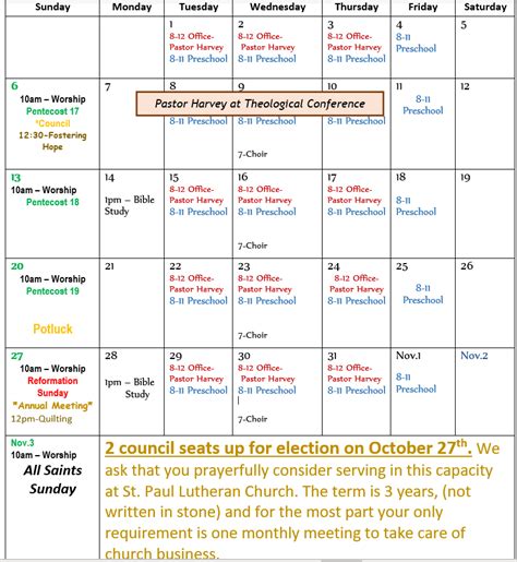 Monthly Calendar | St. Paul Evangelical Lutheran Church & Preschool