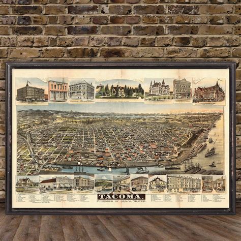 1890 Tacoma Washington Panorama Map Reprint Vintage Bird's Eye View Nautical Map Reprint 3 Sizes ...