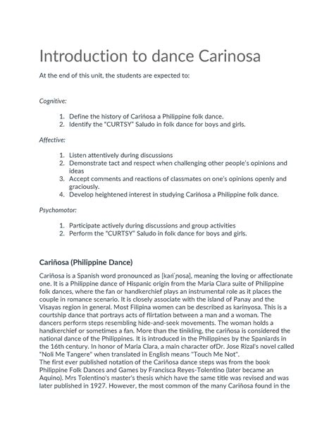 Introduction to dance Carinosa - Define the history of Carińosa a Philippine folk dance. 2 ...