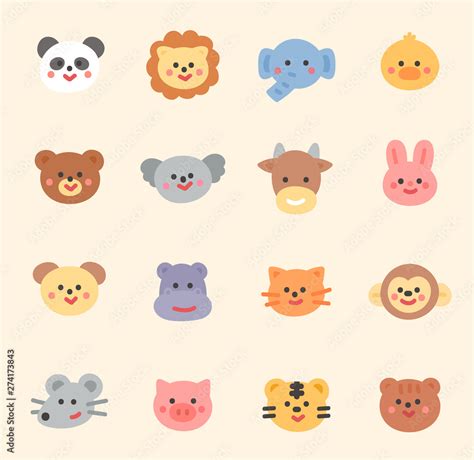 Cute animal faces smiling. flat design style minimal vector ...