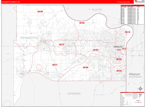 Wyandotte County, KS Zip Code Wall Map Red Line Style by MarketMAPS ...