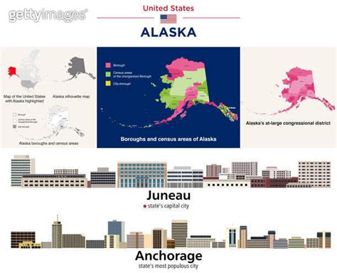 Alaska's boroughs and census areas map and at-large congressional district map. Skylines of ...