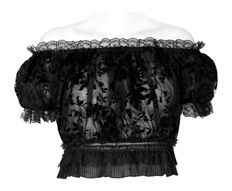 Flocked Mesh Gothic Crop Top with Lace and Bubble Sleeves