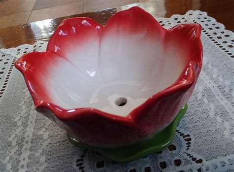Vintage Ceramic Lotus Shaped Flower Pot with Attached Leaf Tray