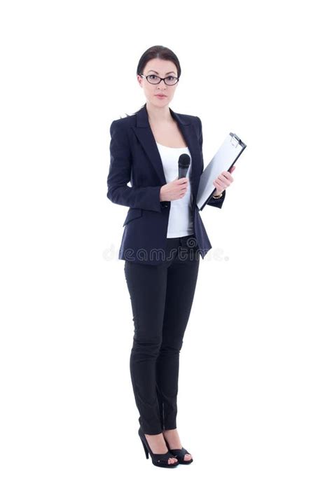 Female Reporter with Microphone Isolated on White Stock Image - Image ...