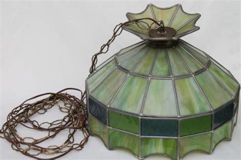 vintage leaded glass shade light fixture, green stained glass pendant ...