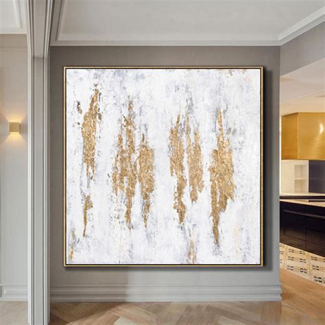 Oversize Painting Gold Leaf Art White Abstract Canvas Art White Modern Wall Art White And Gold ...