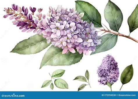 Watercolor Lilac Flower. Syringa Vulgaris in Bloom, Blossom in Purple ...