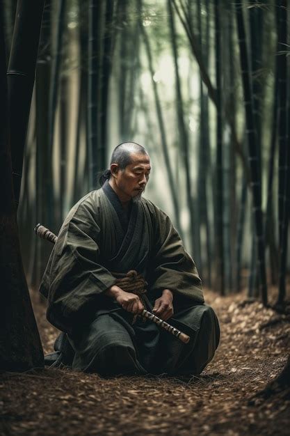 Um sábio samurai sentado e meditando em uma floresta de bambu | Foto Premium