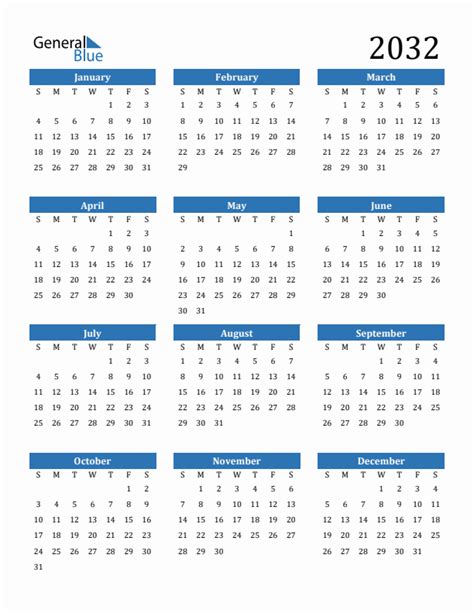 Free 2032 Calendars in PDF, Word, Excel