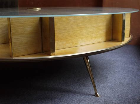 Mid-Century Italian Round Coffee Table with Frosted Glass Top and Brass Detailing at 1stDibs